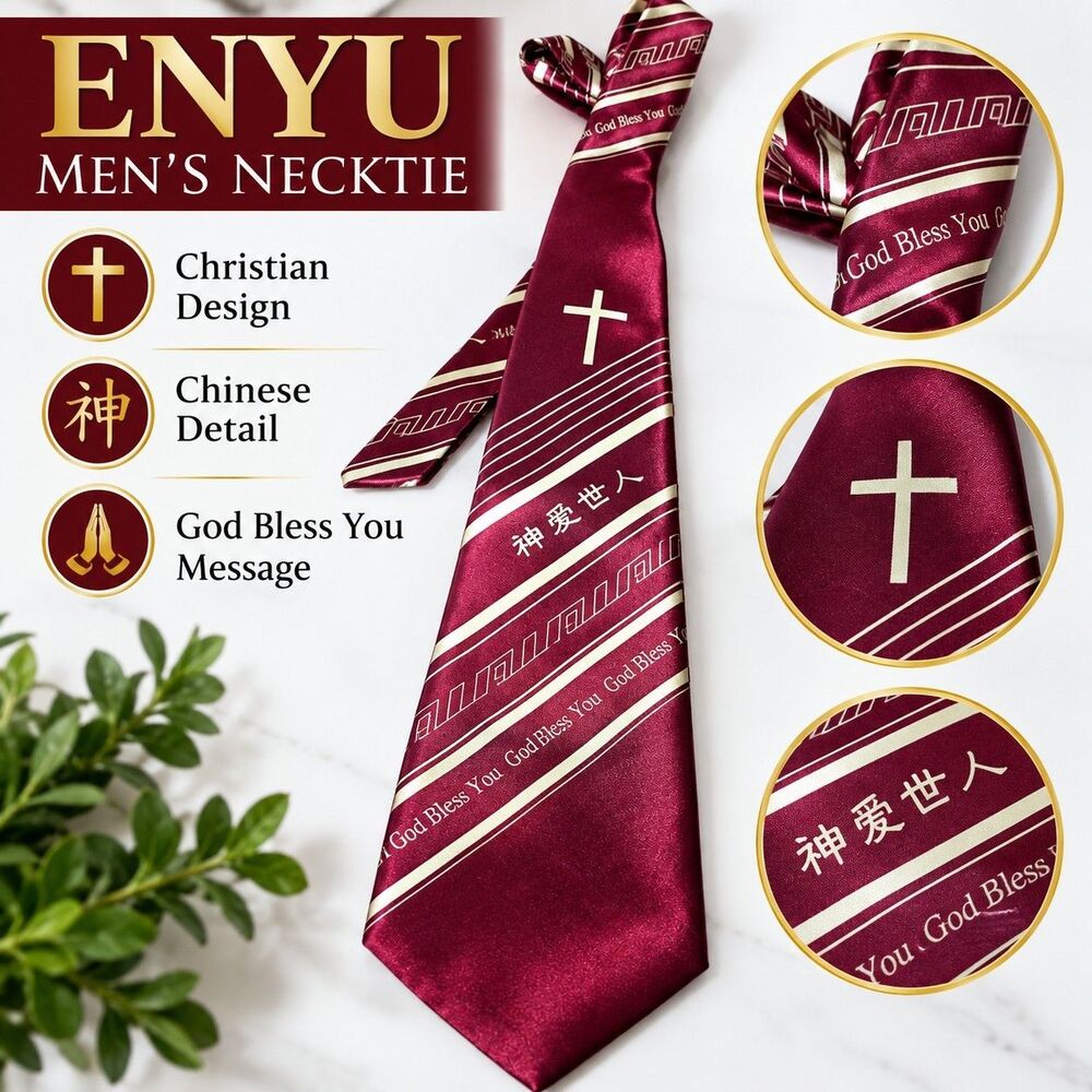 Enyu Men's Necktie Burgundy Christian Cross Chinese God Bless You Tie